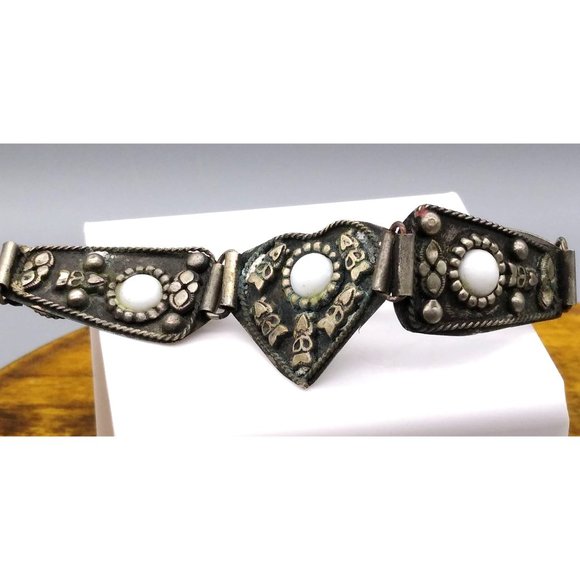 Primitive Silver Etruscan Style Bracelet with Vintage Milk Glass Cabochons - Picture 4 of 6